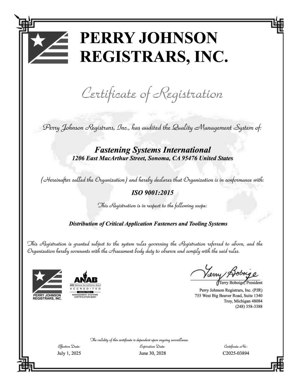 Fastening Systems International ISO 9001 certificate of registration